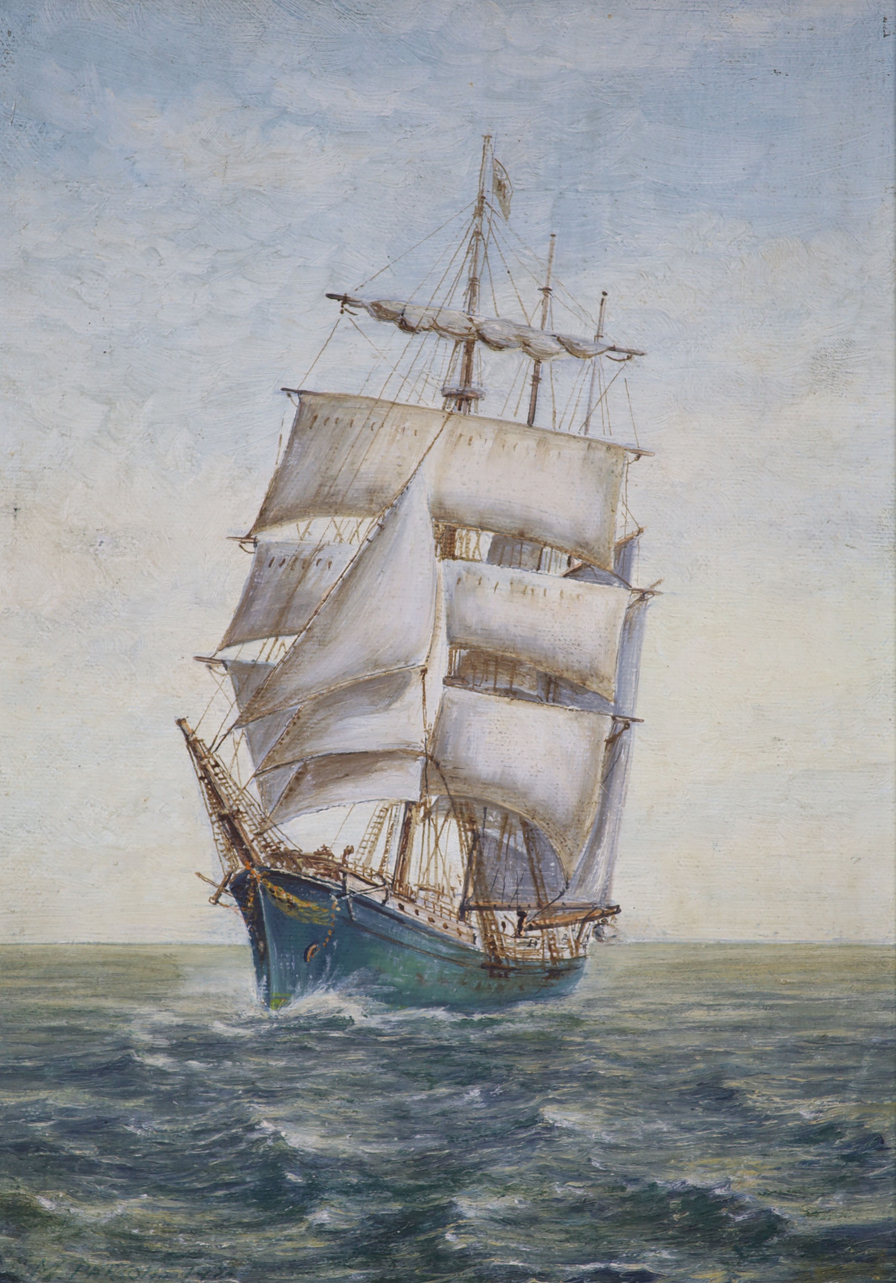 Max Parsons A.R.C.A. (1915-1998), Sailing clipper at sea, signed and two other oils on board by the same hand, 'River Thames at Pan[g]bourne'